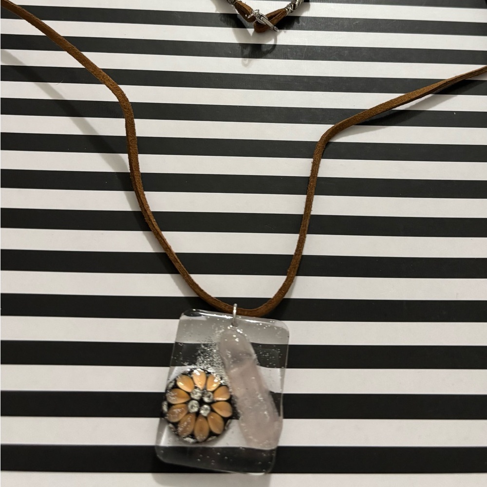 Brown Suede Necklace with Clear Resin Pendant and Peach Floral Accent